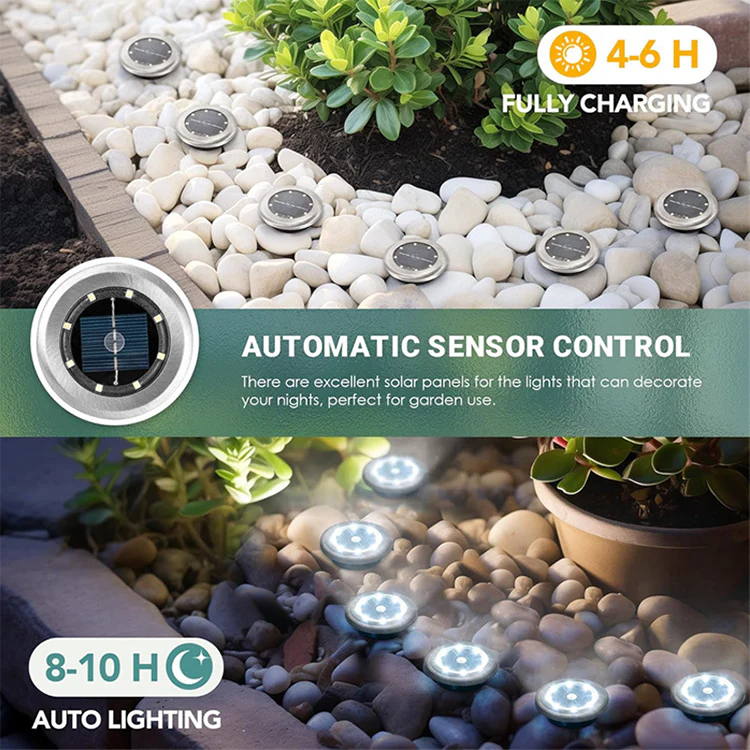 Solar ground lights placed among garden stones